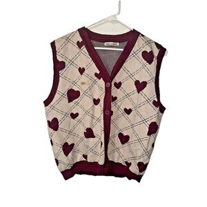 Junmanner Tan Maroon Heavy Sweater Button Up Vest Hearts Size Medium